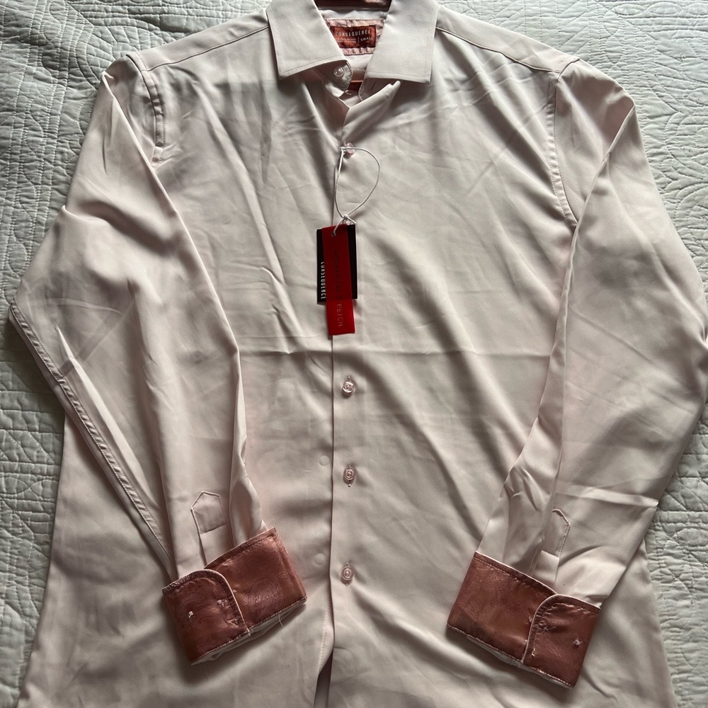 Consequence Men’s Small Pink Dress Shirt with Paisley Cuffs and Collar NWT